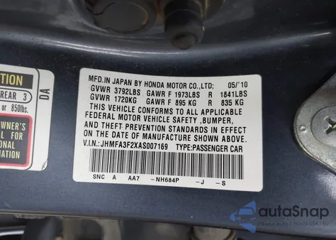 2010 Honda Civic Hybrid из США, поврежденный, VIN JHMFA3F2XAS007169